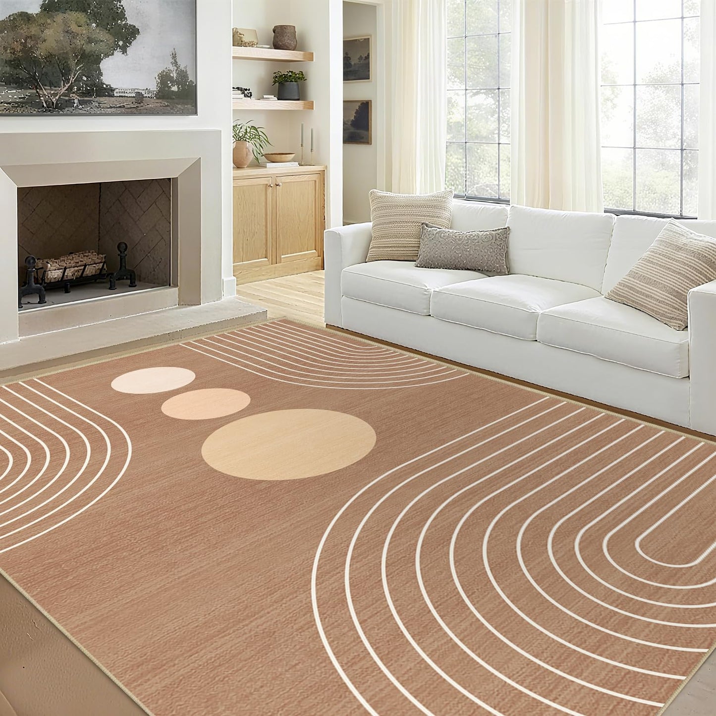 Area Rug 5x7 Boho Modern Minimalist Geometric Abstract Rug Brown Mid Century Modern Rug for Living Room Machine Washable Non-Slip Printed Low Pile Indoor Carpet for Bedroom Dining Room Office Brown
