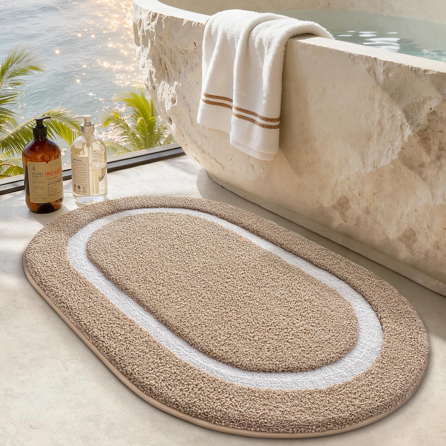 LUMI Bath Mat Oval Bathroom Rug, 20"x32" Non Slip Washable Bathroom Mats, Premium Water Absorbent Shower Rug for Accessories Decor, Khaki