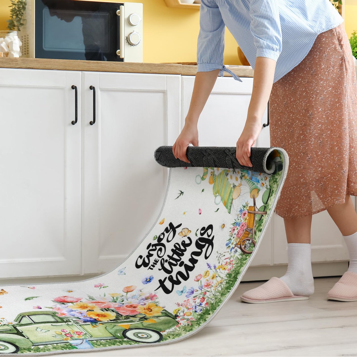 Maasechs 3 Pcs Hello Spring Kitchen Rugs and Mats Set Farmhouse Spring Floral Gnome Rugs Non Slip Washable Spring Floor Mats Rubber Backing Carpet Runner Rug Spring Kitchen Decor for Home Indoor Decor