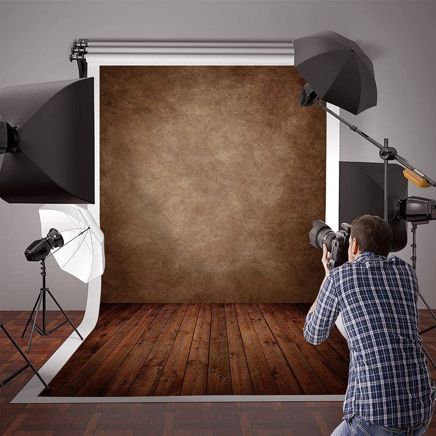 Allenjoy 5x7ft Soft Fabric Brown Wall with Wooden Floor Photography Backdrop Newborn Baby Photoshoot Abstract Portraits Photo Photographer Background Props