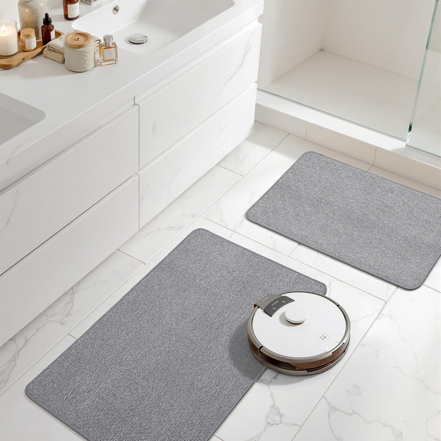 MIULEE Set of 2 Ultra Thin Bathroom Rugs, Rubber Bath Mats for Bathroom Non Slip, Quick Dry Absorbent Bath Rug Machine Washable, Fit Under Door, Shower, Sink, Home Decor, Grey, 17x27 Inch