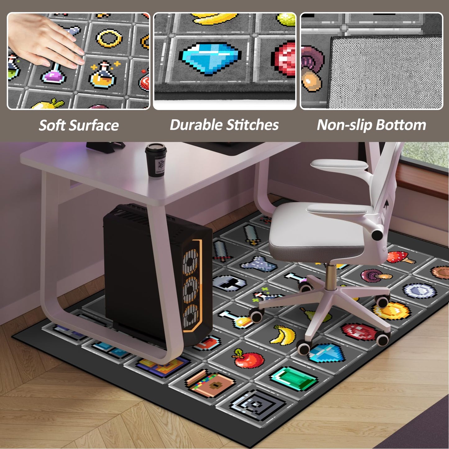 DRVAKO Game Rug Teen Boys Carpet with Pixel Games Element Items Decoration Mat, Weapon Medical Game Rugs for Boy’s Bedroom Living Room Playroom, Non-Slip Children Gaming Area Rugs (Grey, 60" x 40")