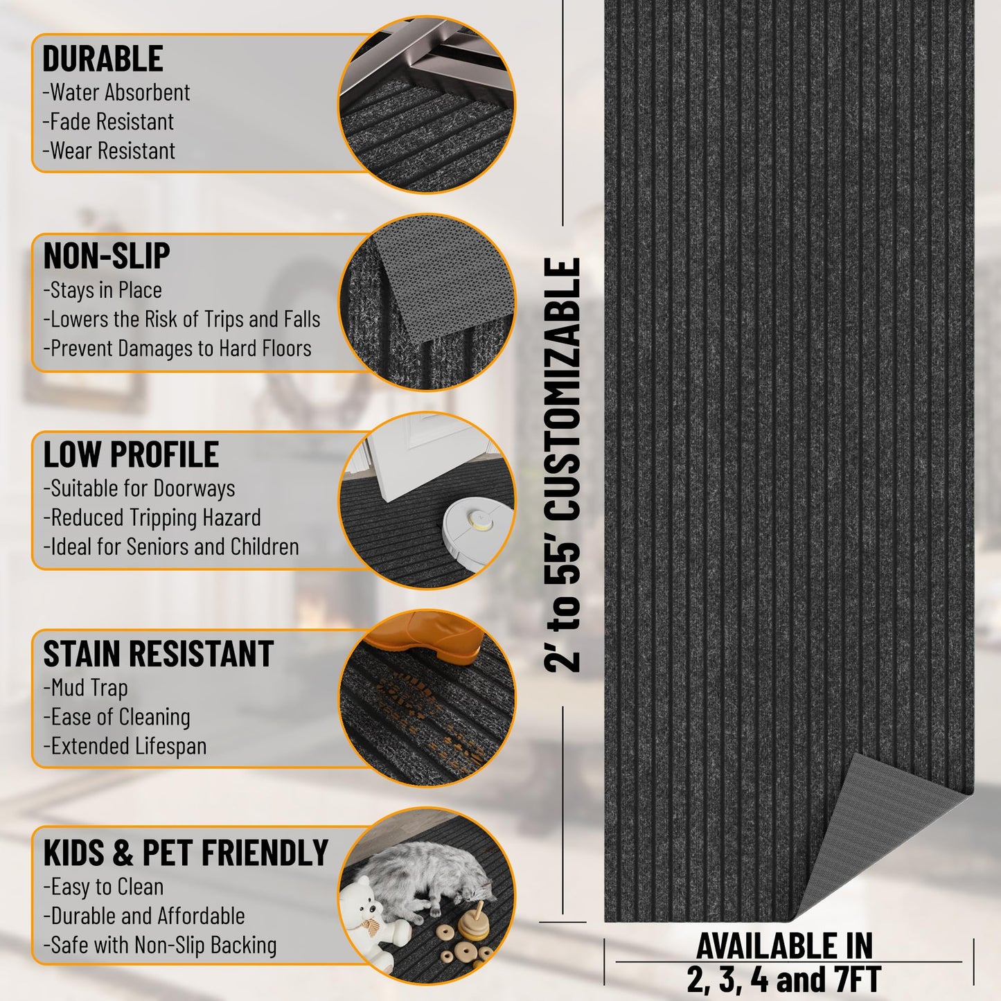 Ottomanson 2'7" x 5' Mud Mat Area Rug Scraper Carpet - Non-Slip, Dirt Trapping for Indoor & Outdoor Use - Ideal for Entryway, Garage, Kitchen, Patio & High-Traffic Areas, Black