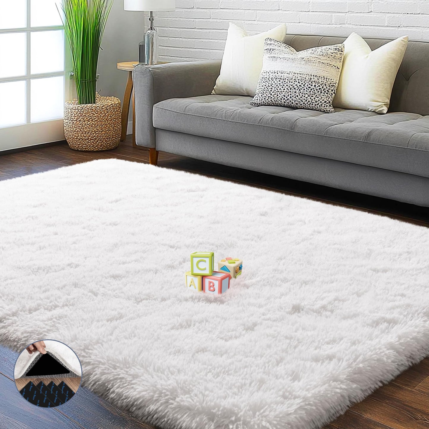 AAFKK 4x6 Area Rug for Bedroom, White Rugs for Living Room Nursery Kids Room Dorm Home Decor Aesthetic, Fluffy Shaggy Rug with 4 Anti-Slip Carpet Tapes