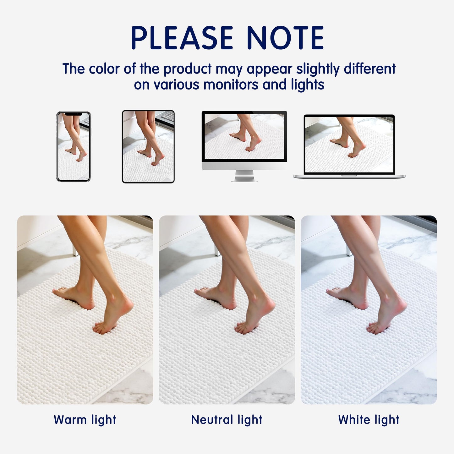 SUBRTEX Bathroom Rugs, 24" x 55" Chenille Bath Rug Soft Short Plush Bath Mat Soft Shower Mat Water Absorbent Shower Mat Quick Dry Machine Washable, White