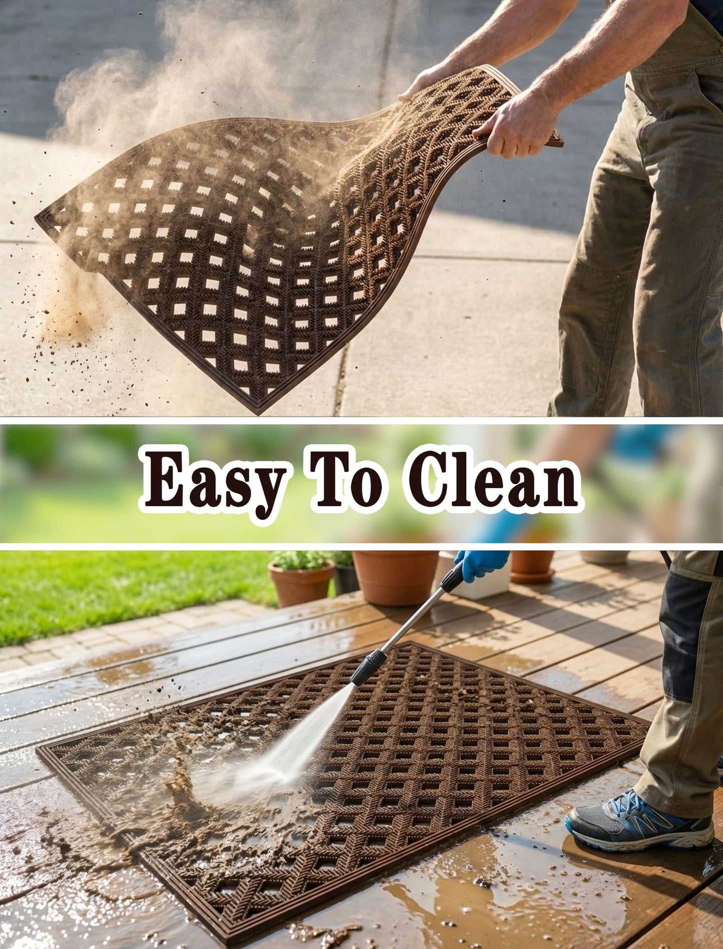Bulijojo Front Door Mat with Drainage,24x36 Rubber Heavy Duty Dirt Trapper Waterproof Welcome Mat, All Weather for Front Back Door Patio Entryway Brown