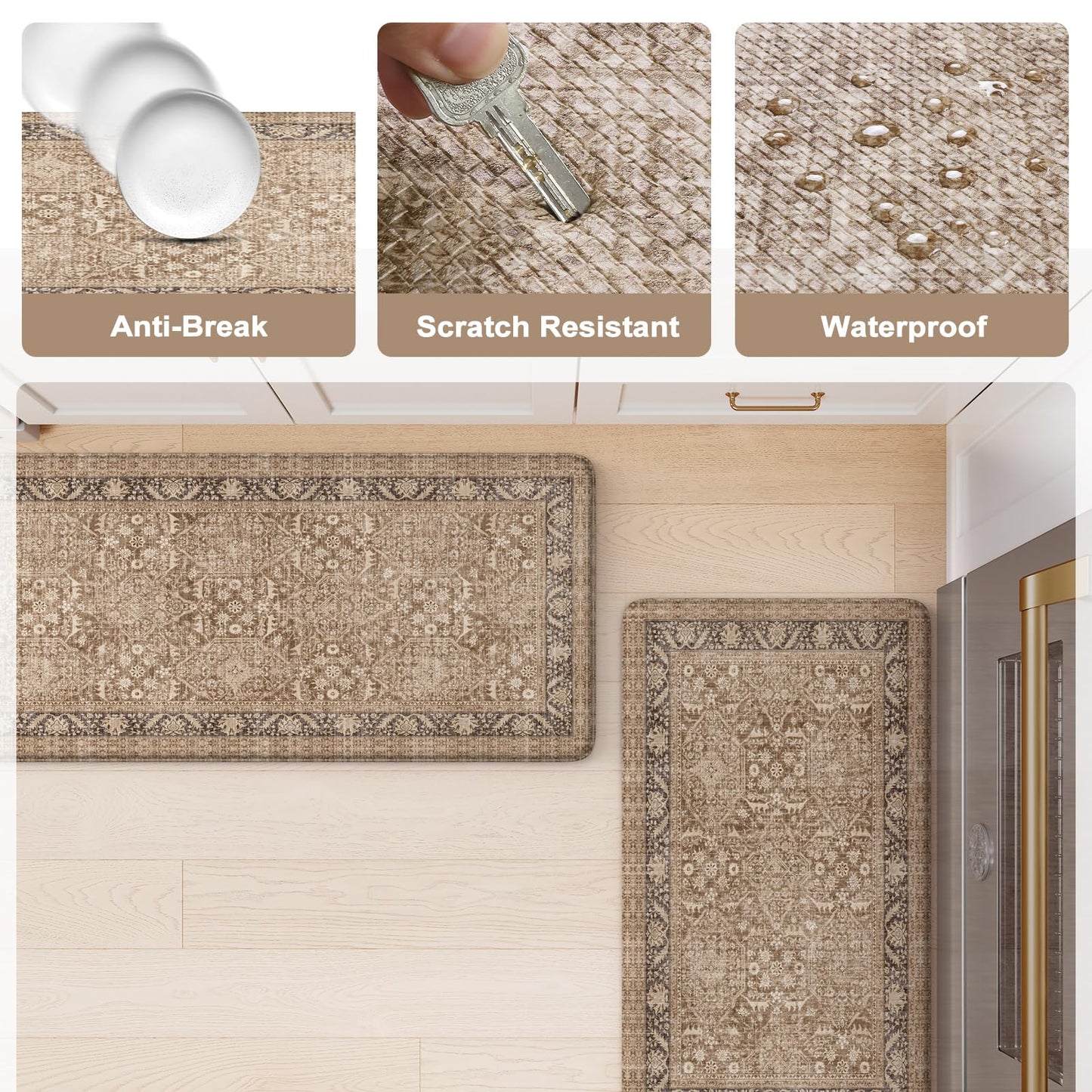 KIMODE Anti Fatigue Kitchen Mat, Boho Distressed Kitchen Rugs Sets of 2, Non Slip Kitchen Mat for Floor, Cushioned Comfort Standing Mat for Sink, Laundry, Office, Desk 17"x47"+17"x29"