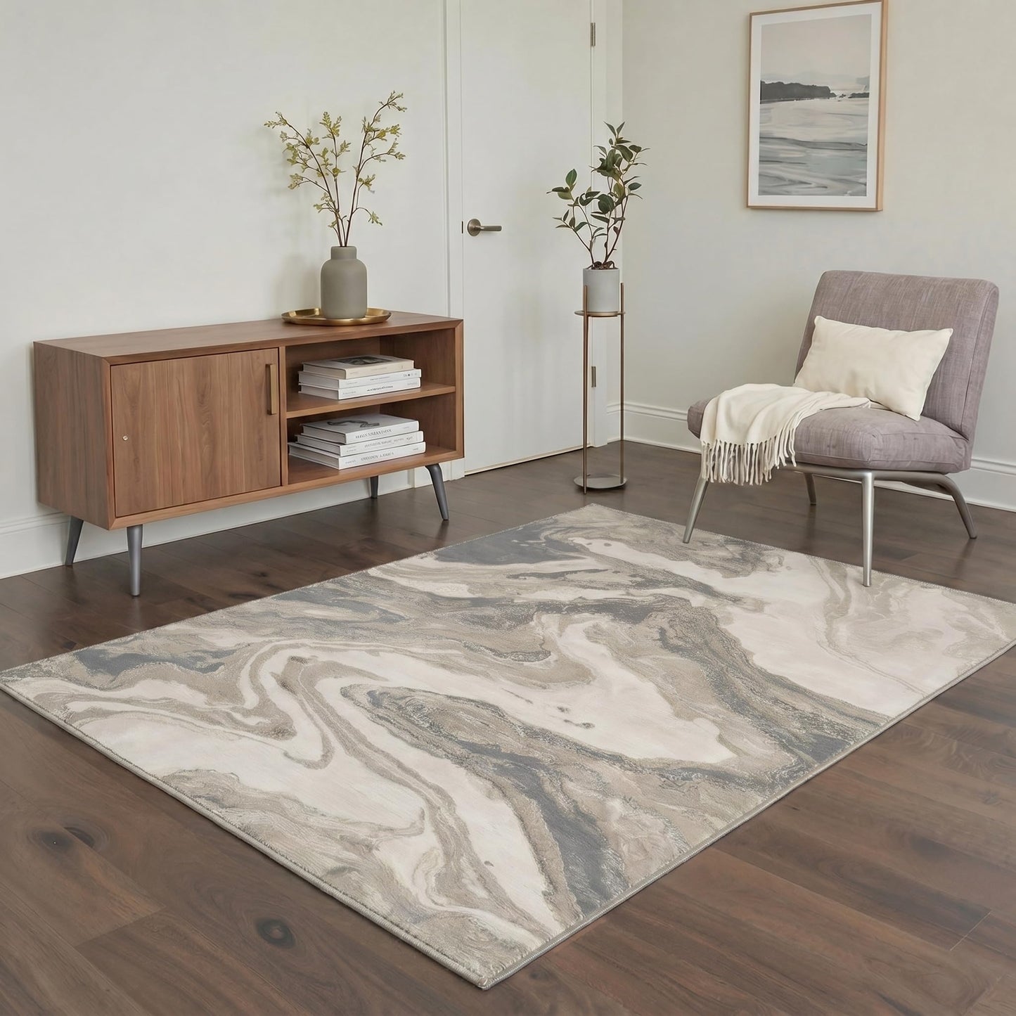 BESBLEE 2x5 Runner Abstract Rugs for Hallway and Kitchen, Machine Washable Non Slip Low Pile Print Rug for Laundry Room Bedroom Bathroom Entryway, Liquid Marble, Dusty Greige