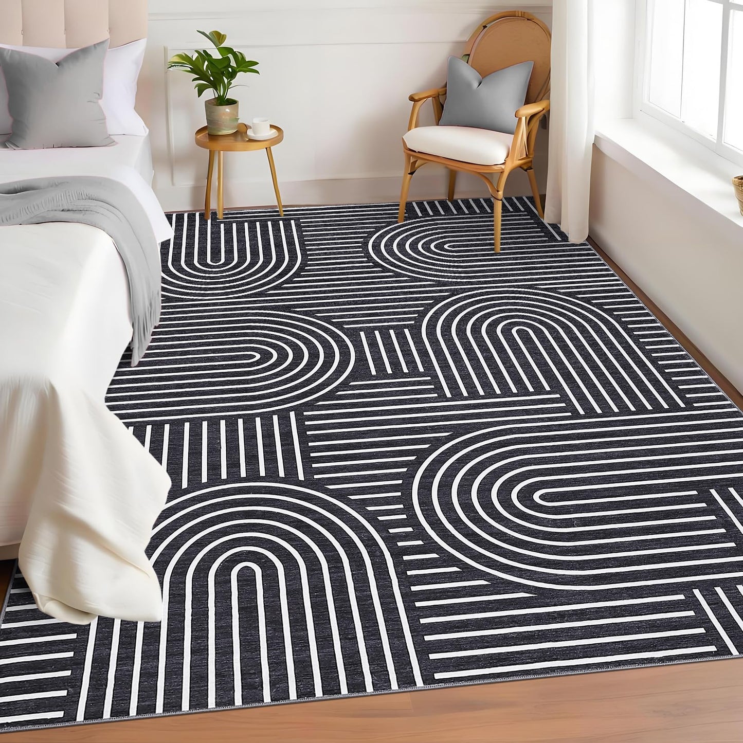 ROYHOME Washable Rug 5x7 Area Rugs for Living Room, Abstract Rug for Bedroom, Soft Rainbow Non Slip Throw Rugs with Rubber Back, Low Pile Stain Resistant Boho Geometric Carpet for Dining Room, Black