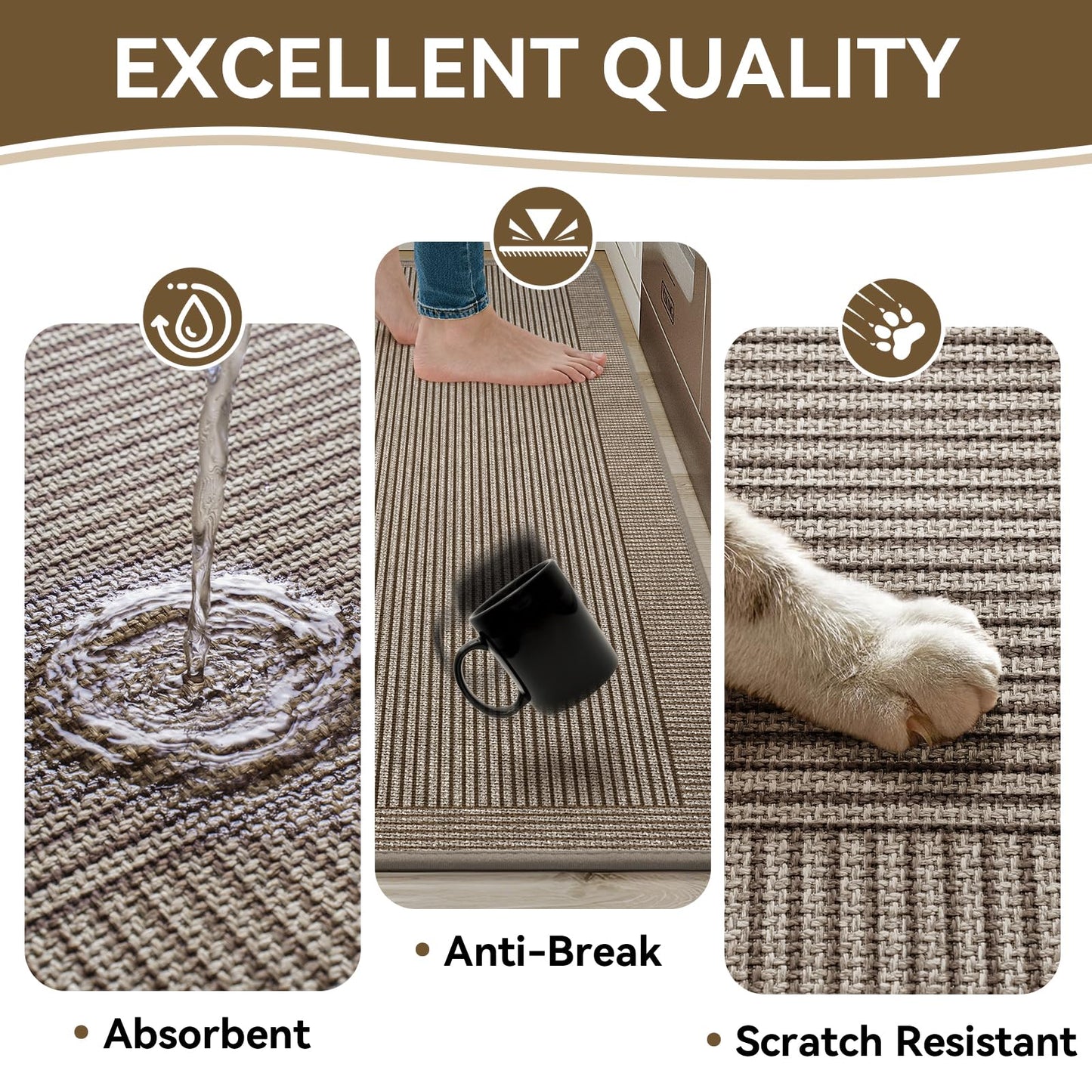 QiCaiJia Kitchen Mats for Floor, 17''x30'' Washable Non Slip Absorbent Kitchen Mat, Braided Kitchen Runner Rug, Kitchen Sink Rug, Brown