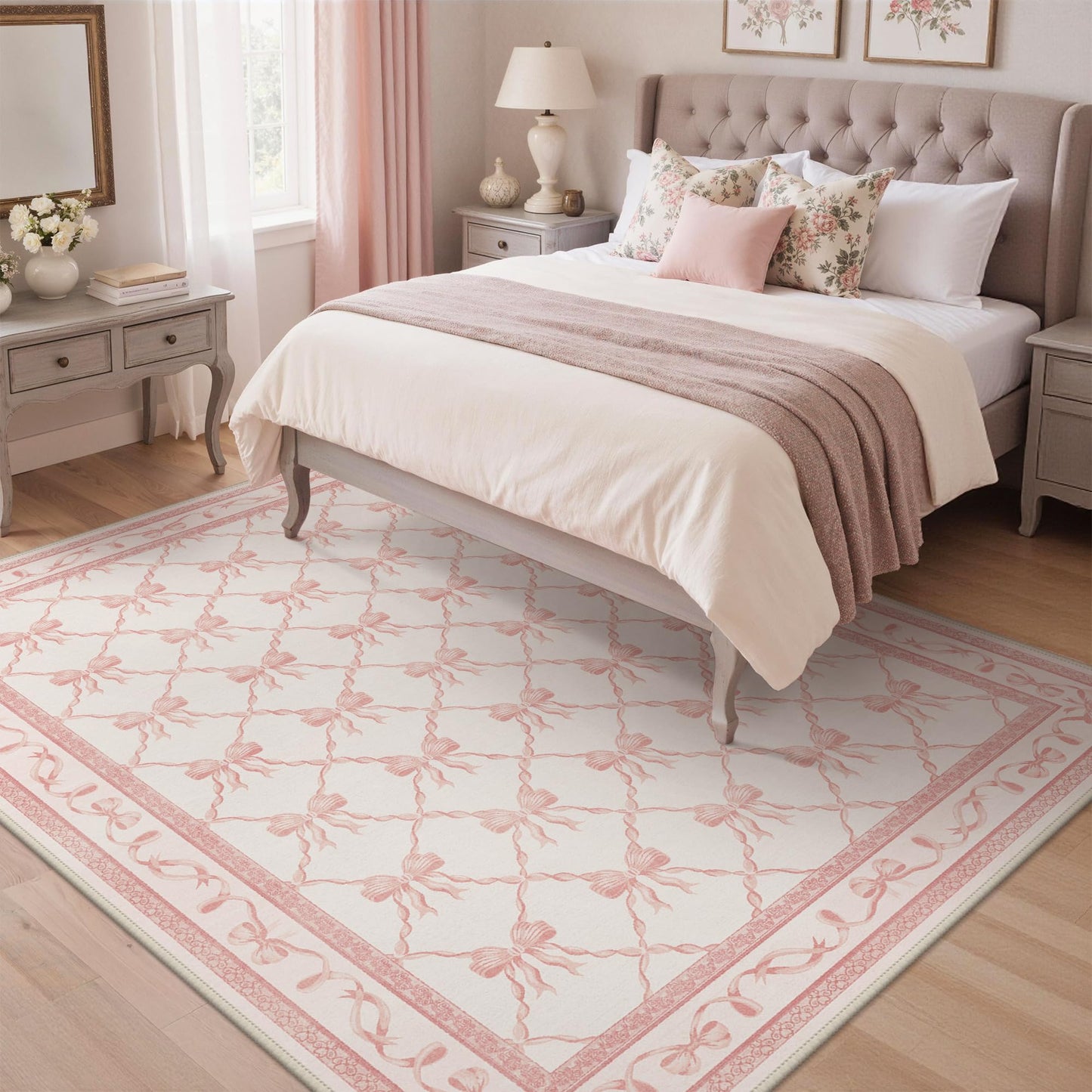 GENIMO 5X7 Pink Rug for Girls Bedroom, Machine Washable Nursery Light Pink Pastel Area Rug, Bow Pattern Floral Soft Cute Low Pile, for Teen Room Living Room, Playroom Dorm Room Home Decor
