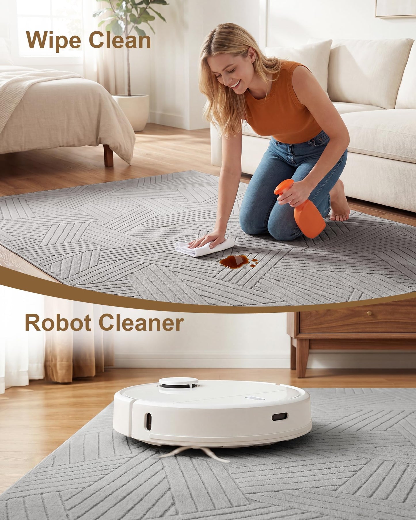 Carvapet 5.2ft Round Area Rug - Light Grey High Low Pile Modern Floor Carpet, Washable Plush 3D Texture Circle Mat with Skid-Resistant Rubber Backing for Living Room Nursery