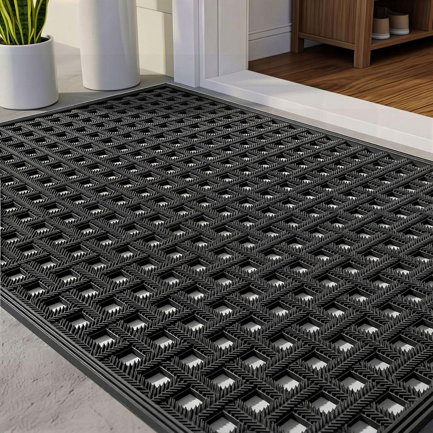 Bulijojo Front Door Mat with Drainage,24x36 Rubber Heavy Duty Dirt Trapper Waterproof Welcome Mat, All Weather for Front Back Door Patio Entryway Black