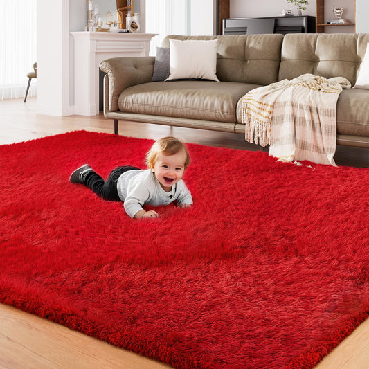 AMTOVO Area Rugs for Living Room, Fluffy Red 5x7 Clearance Bedroom Rug, Large Throw Shag Carpet for Nursery, Kids, Playroom Home Decor