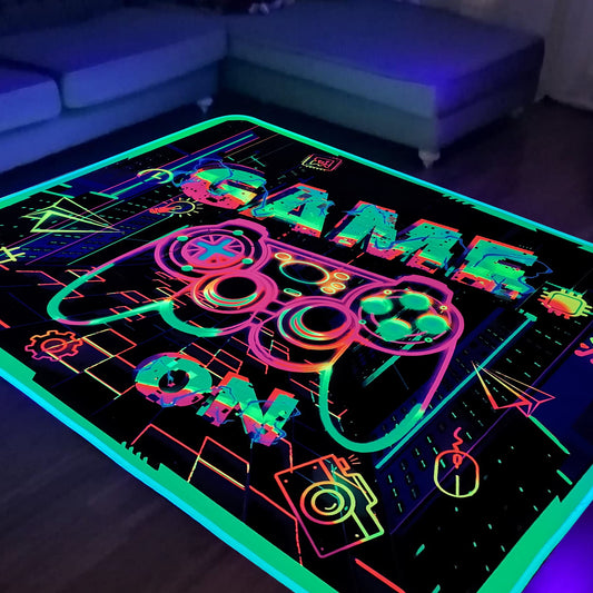 KMkicme Gaming Area Rug Blacklight for Bedroom Decor Game Printed Carpet Gamer Rug Glow in The Black Light for Playroom Large Non-Slip Area Rug Kids Boys Girls Game Room Casual Mat 82x59 Inch