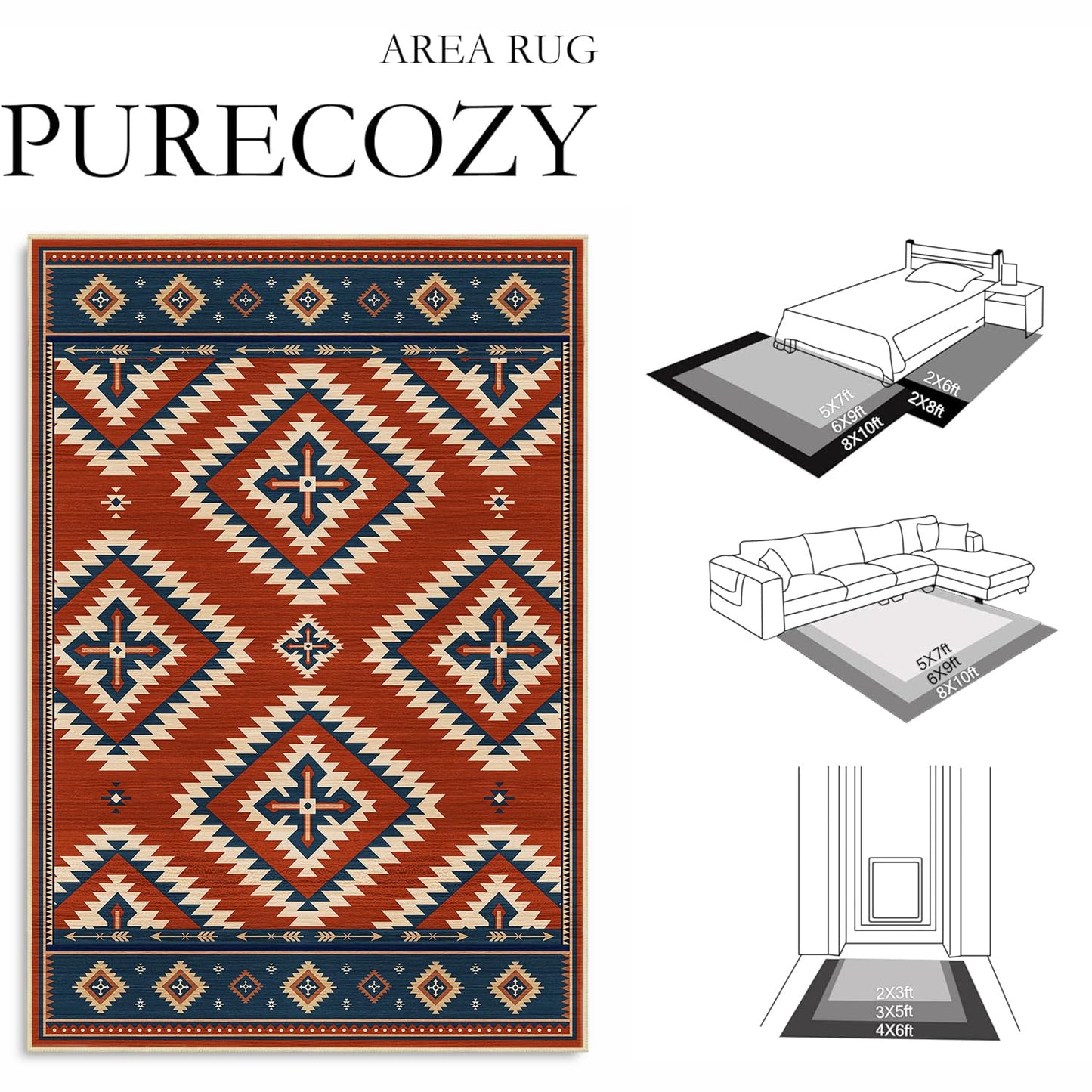 8x10 Area Rug for Living Room Southwestern Rug Machine Washable Western Aztec Southwest Area Rugs Non Slip Low Pile Navajo Tribal Large Dining Room Indoor Floor Carpet for Bedroom Office,Red