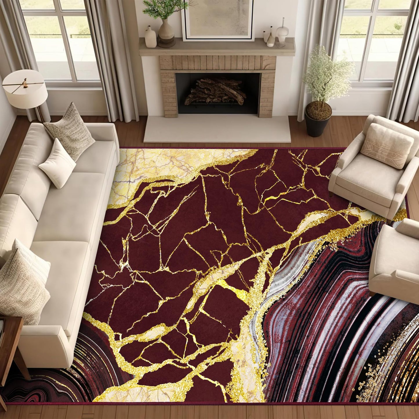 ASPMIZ Marble 9x12 Area Rug Red and Gold Washable Rugs for Living Room, Soft Faux Wool Bedroom Rugs Non Slip Modern Floor Carpet Low Profile Extra Large Throw Rug for Dining Room Home Office Decor