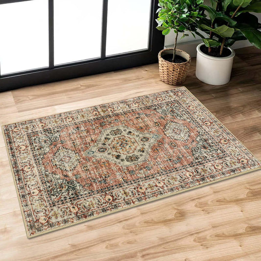 Lahome Oriental 2x3 Washable Rugs for Entryway, Soft Door Mat Indoor Entrance Small Kitchen Rugs Non Slip Ultra-Thin, Vintage Carpet for Bedroom Bathroom Eleanor, Peach/Orange