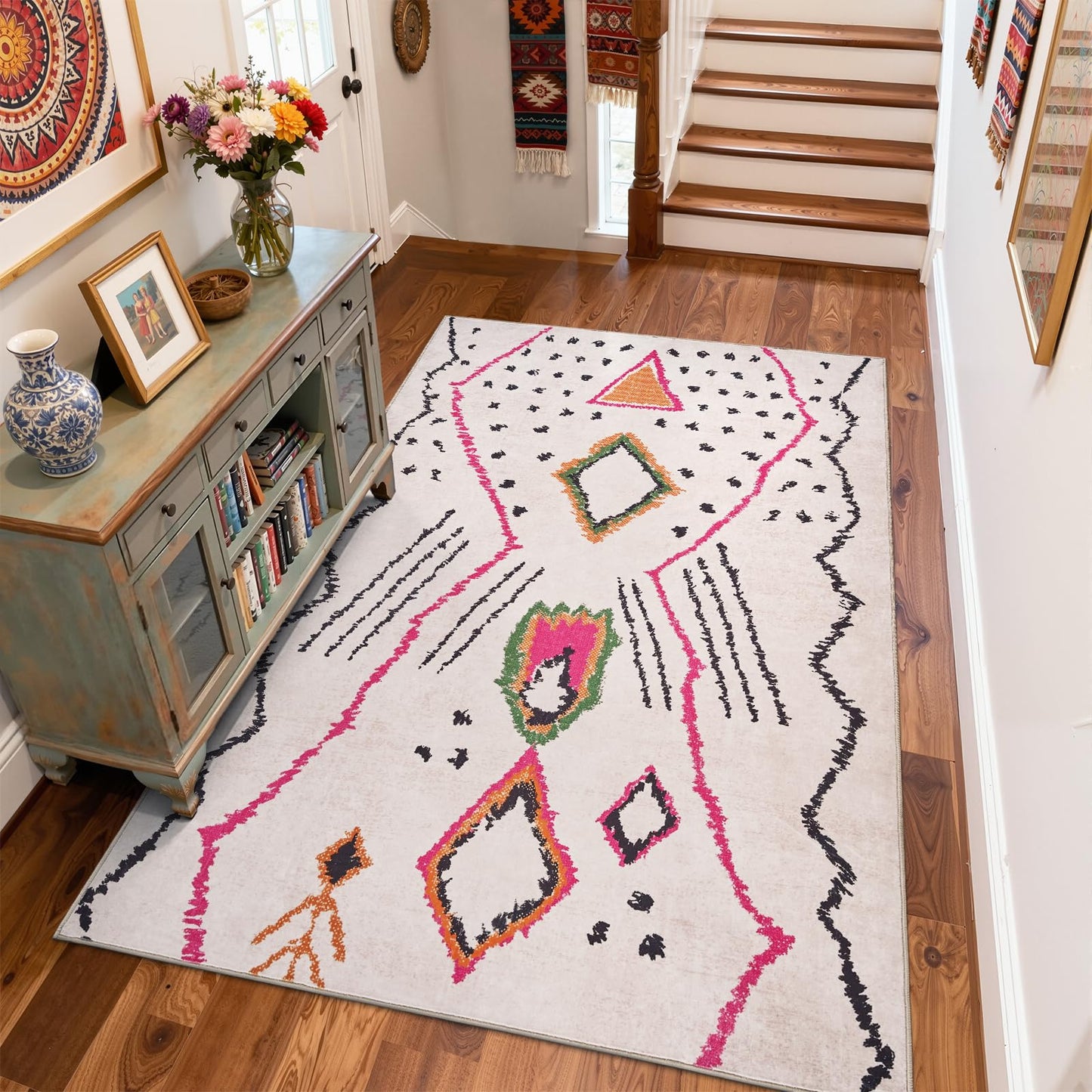jinchan 5x7 Area Rug Beige Washable Modern Boho Rug Geometric Hot Nerd Floor Rug Soft Low Pile Floor Cover Non Slip Accent Mat Lightweight Cozy Carpet for Living Room Bedroom Dining Room Study Dorm