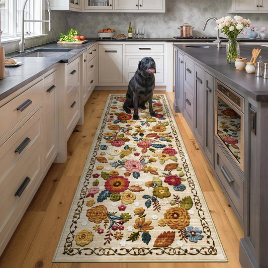 2x6 Machine Washable Runner Rug, Kitchen Hallway Area Rug Beige Vintage Boho Floral Ultra Non-Slip Low Pile Soft Faux Wool Carpet, Kids and Pets Friendly for Bedroom Entryway Nursery Home Decor Rug