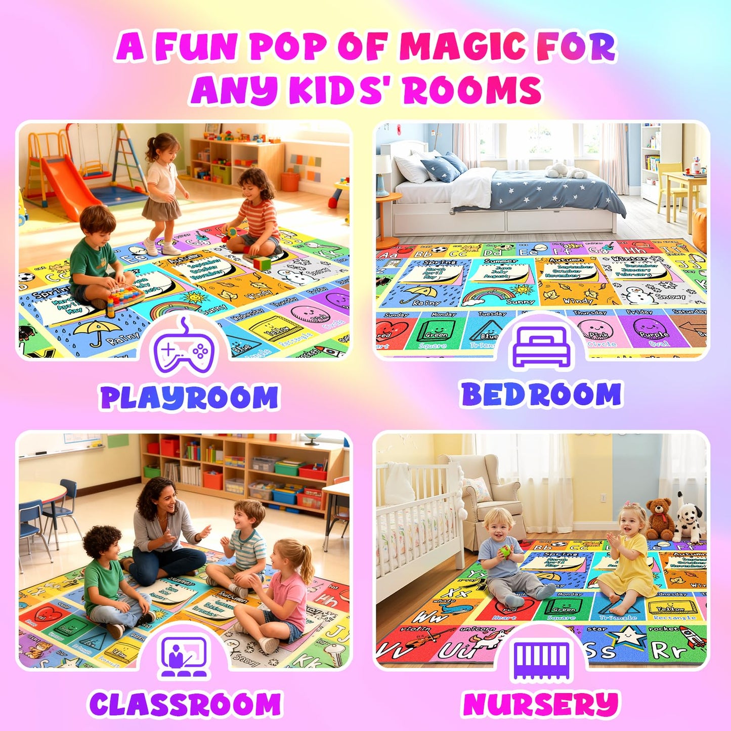 ABC Kids Playroom Rug 4x6 - Soft & Non-Slip Educational Play Mat, Preschool Classroom, Daycare Rug with ABCs, Colors, Shapes, Seasons, Washable Playmat for Toddler Nursery & Kids Room (48x72 Inch)