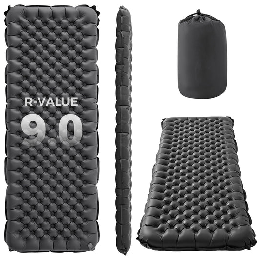 Asrug Camping Insulated Sleeping Pad with 9.0 R-Value for All Season Portable 4" Thick Camping Mattress Pad for Outdoor Hiking Tent Ultralight Backpacking Inflatable Sleeping Mat(Gray)