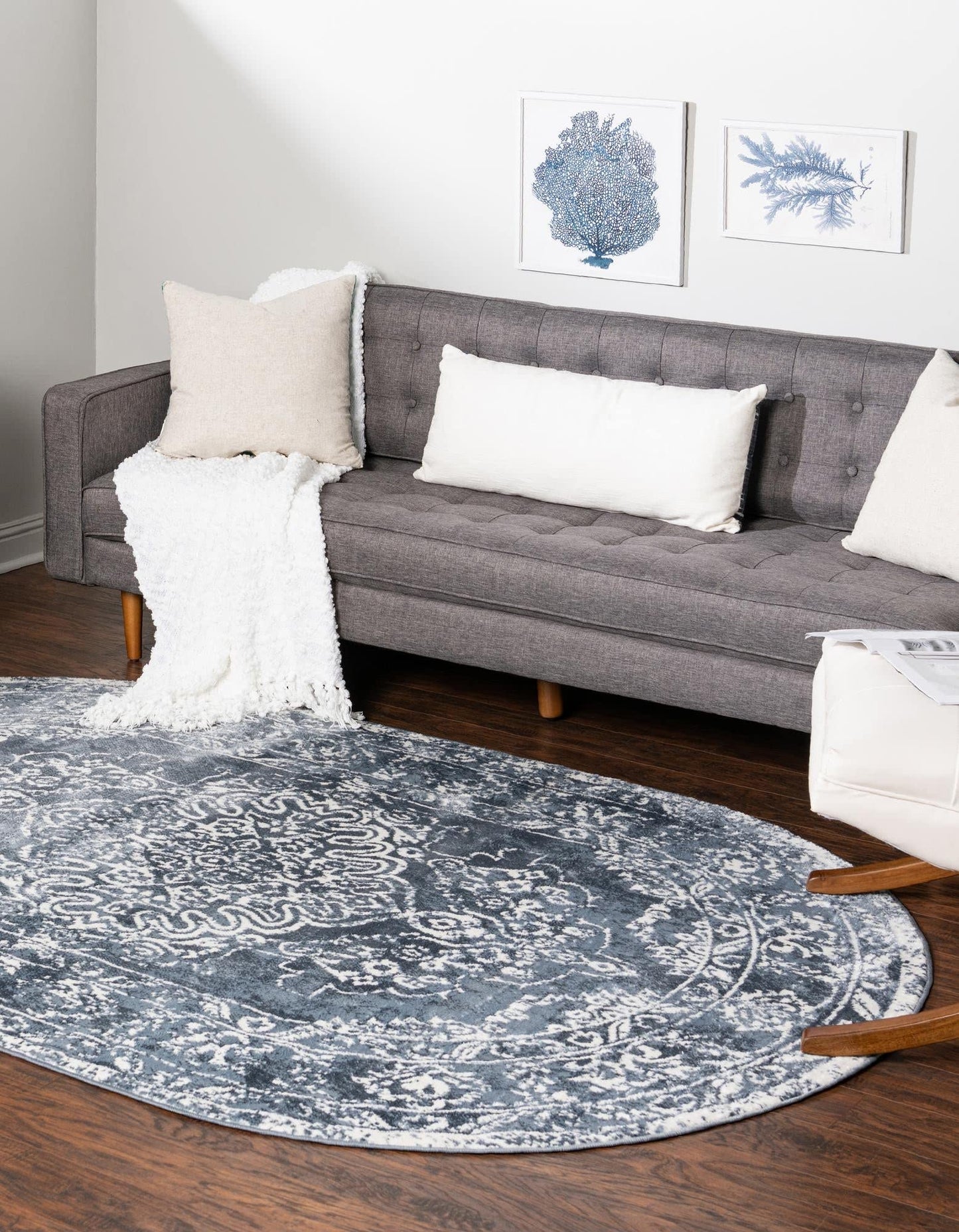 Unique Loom Oxford Collection Area Rug - Bodleian (4' 1" x 6' 1" Oval, Blue/ Ivory)