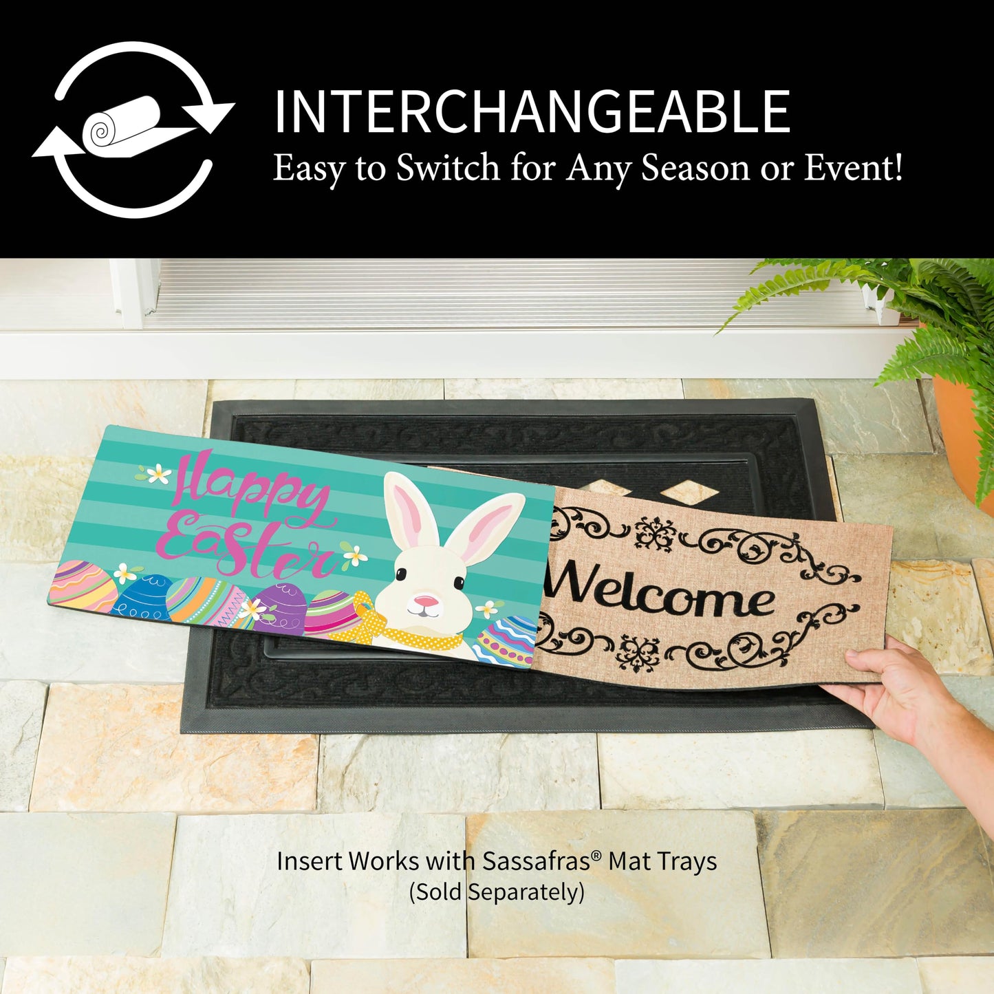 Evergreen Sassafras Easter Bunny Switch Mat Inserts, Interchangeable Front Door Mat Outdoor Entrance, Indoor Door Mats for Entryway, 22 x 10 Inches Sassafras Doormat Inserts