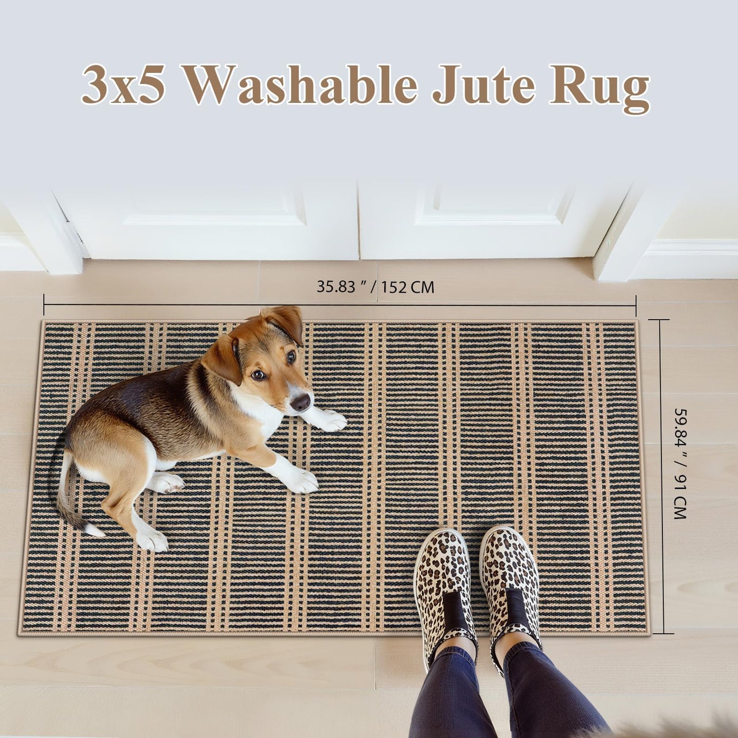 LIVEBOX Easy Jute Indoor Outdoor Rug 3x5 Front Porch, Black Striped Washable Outdoor Rugs for Entryway Living Room, Non Slip Rug Geometric Carpet Door Mat for Entry Front Door, Patio, Kitchen, Bedroom