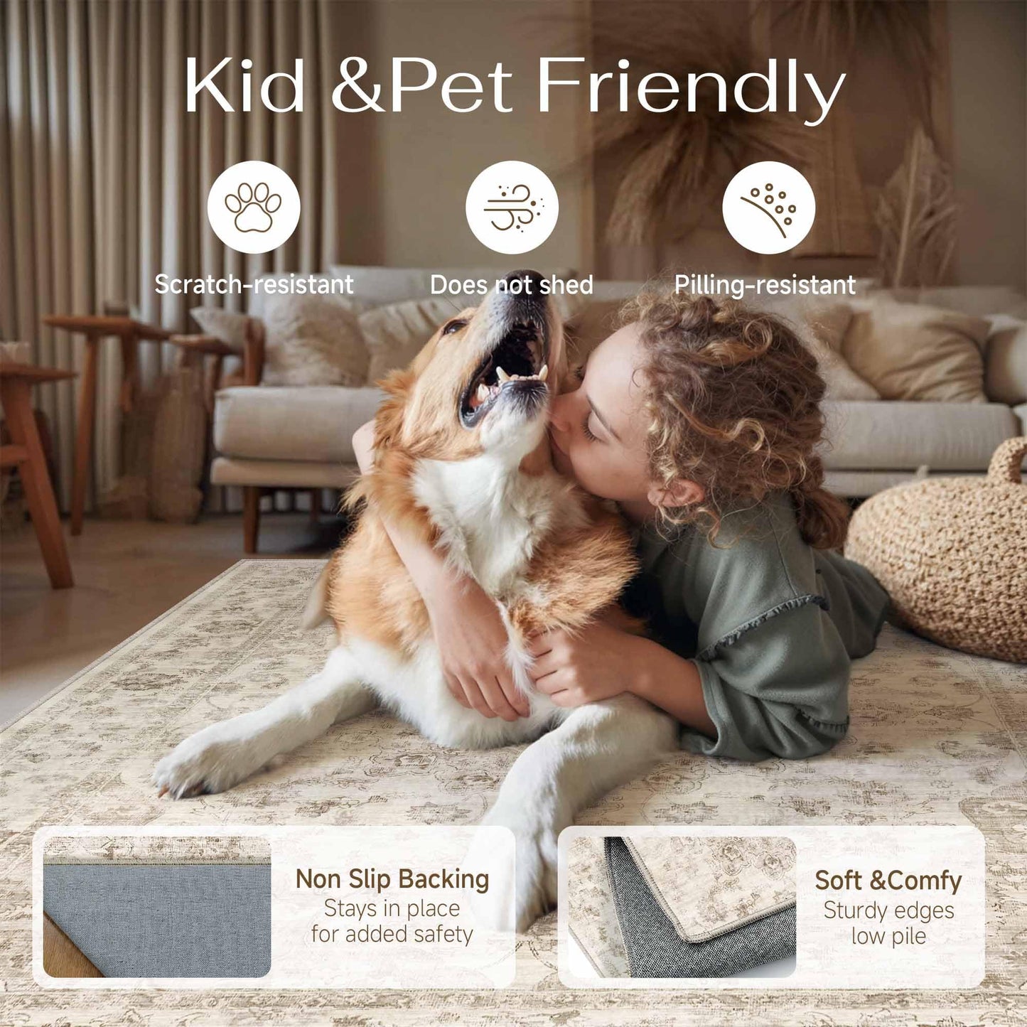 WondRg 2x6 Washable Neutral Runner Rug Beige Vintage Hallway Kitchen Carpet Non-Slip Soft Low Pile Farmhouse Throw Rug for Bedroom Bathroom Laundry Living Room