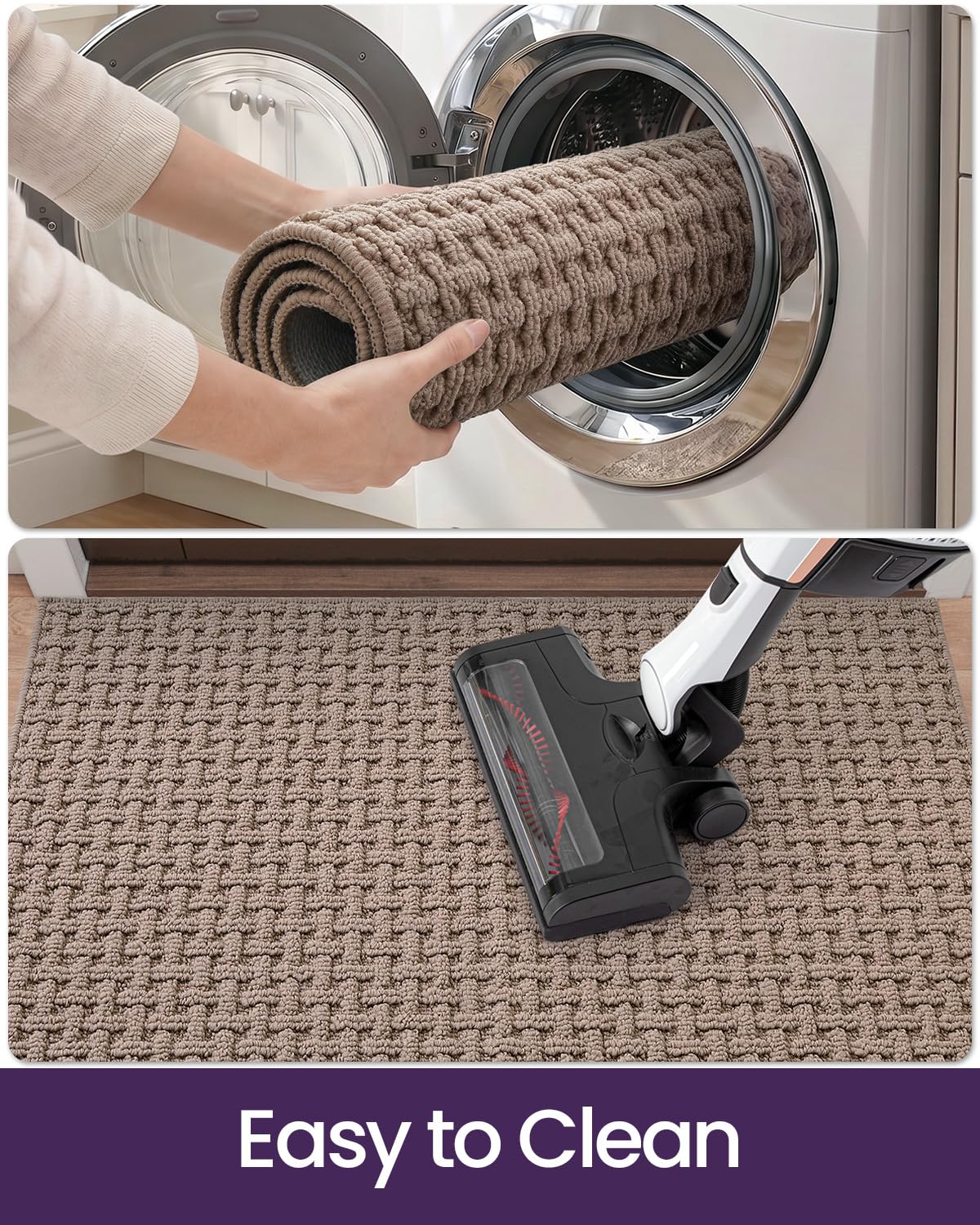 DEXI Washable Door Mat Indoor Entrance, 17x30 Dirt Trapper Front Entryway Doormat Absorbent, Inside Entry Way Mats Non Slip Rubber Backing for Backdoor Home Floor Area, Beige