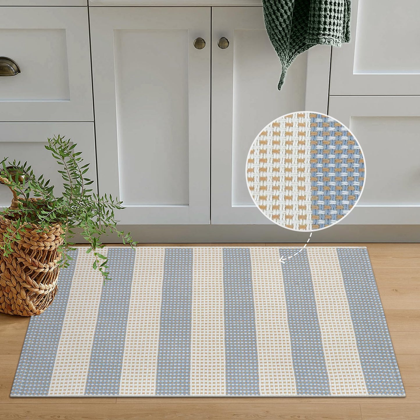 OJIA Front Door Mats Outdoor 24"x36" Machine Washable Indoor Outdoor Rugs Doormat Cotton Woven Entry Rug Striped Small Area Rugs for Front Porch/Bathroom/Farmhouse/Home Entrance (Blue/White/Tan)
