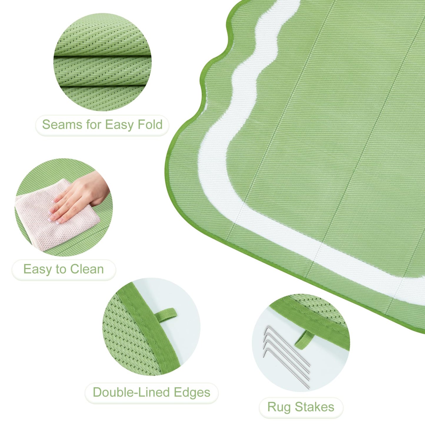 Uphome Outdoor Rug Waterproof 6x9, Reversible Green Scalloped Patio Plastic Straw Rugs, Foldable Modern RV Camping Outside Carpet Mat for Pool Back Yard Deck Picnic, 6 x 9 ft