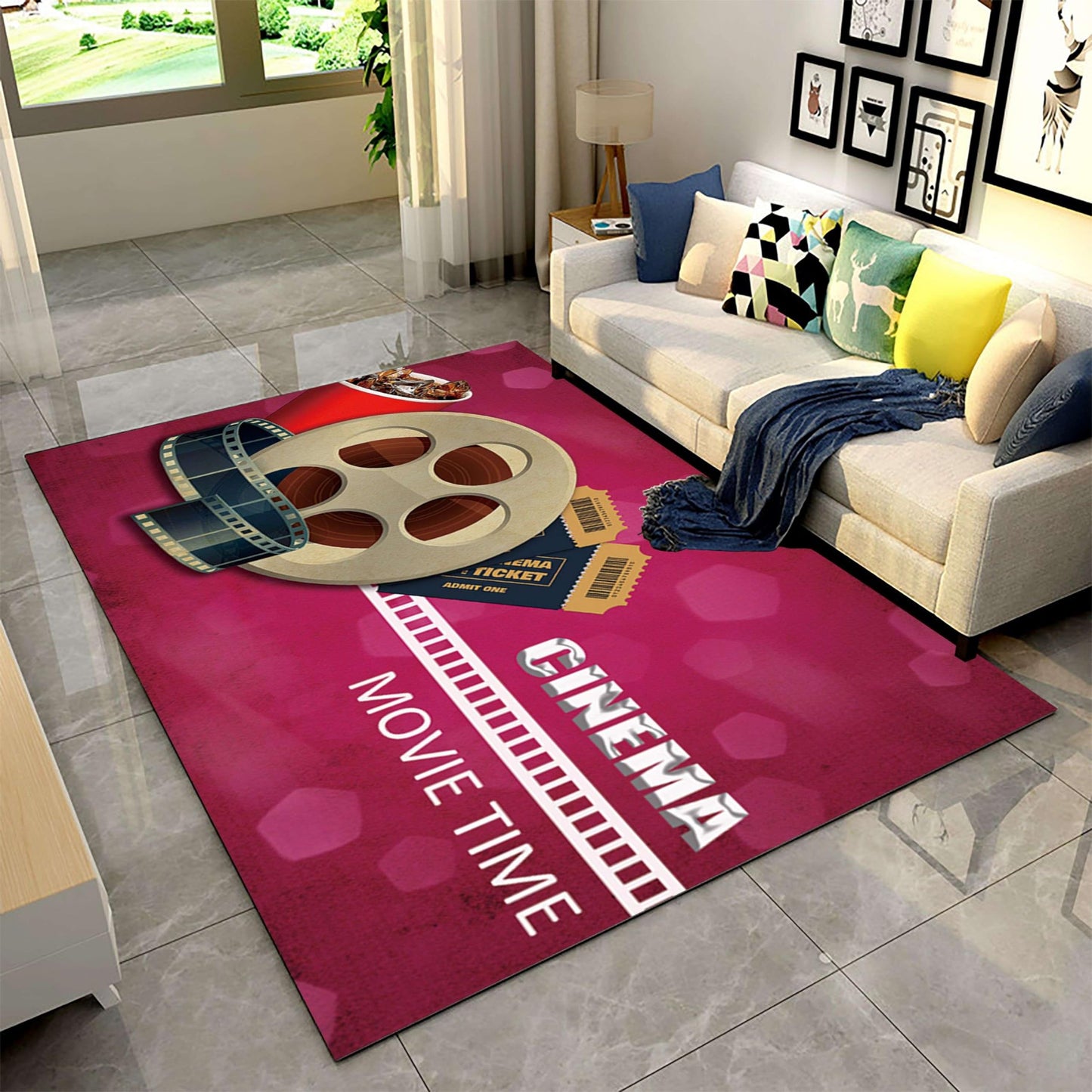 Puyosvr Movie Theater Sign Area Rugs,5x7ft,Film Reels Patterned Rug, Vintage Film Clapper Theme Non Slip Carpet, Easy to Clean Suitable for Living Room Bedroom Kitchen Games Room