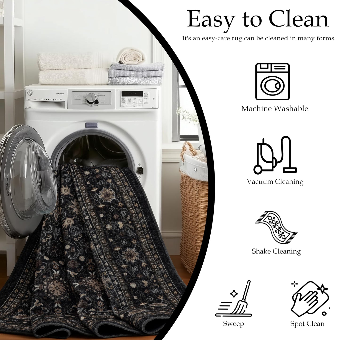 Ruaruarug Washable Area Rug 10x14 for Living Room, Bedroom, Ultra Soft Non Slip Stain & Fade Resistant, Pet & Kids Friendly, Suitable for High Traffic Areas Easy to Clean for Kitchen, Black Grey