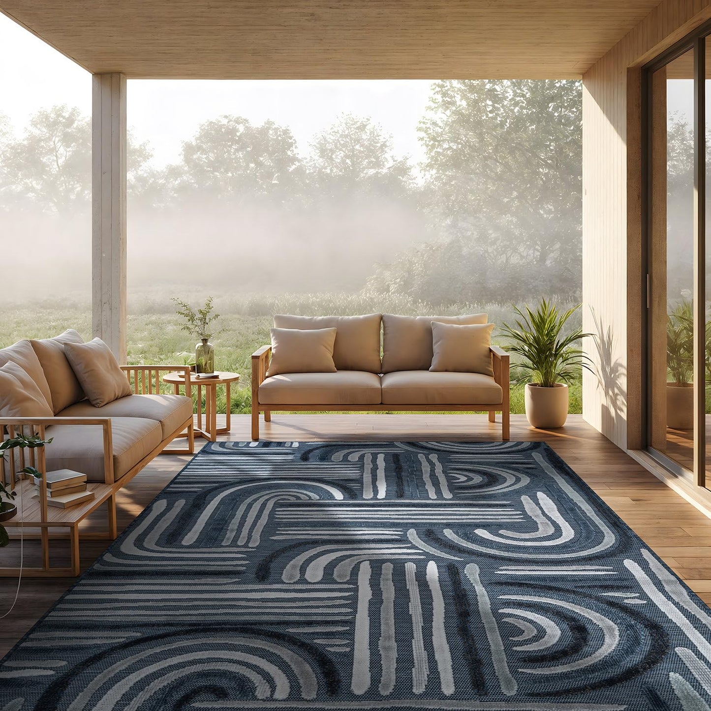 CAMILSON Indoor Outdoor Rug, Navy Blue 8x10 Geometric Arch Striped Area Rugs for Patio and Home Areas, Easy-Cleaning Non-Shedding Living Room, Garden and Deck Washable Outside Carpet (8 x 10)