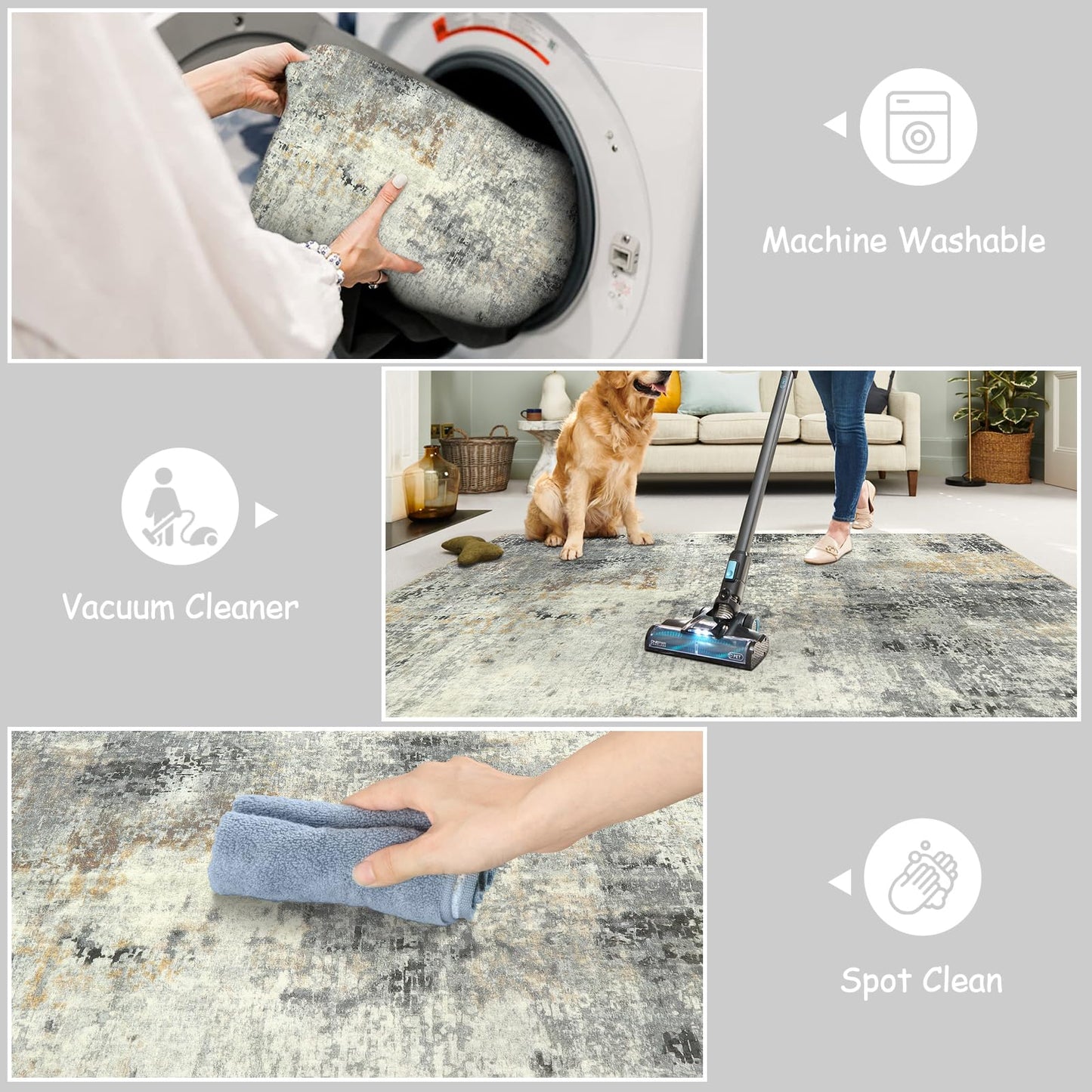 Lahome Modern Abstract Round Rug - 3Ft Small Washable Kitchen Round Area Rug Bedroom 3x3 Circle Mat, Soft Low Pile Non Slip Indoor Throw Carpet for Cabinet Bathroom Home Office, Grey