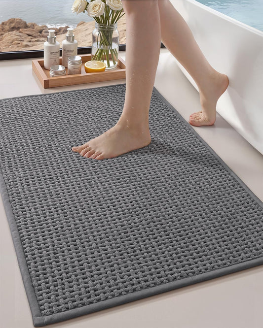 Color&Geometry Rubber Backed Waffle Bath Mat 30x17, Non Slip Water Washable Bathroom Rugs, Soft Absorbent Chenille Boho Carpet for Bathroom Floor, Tub and Shower, Grey