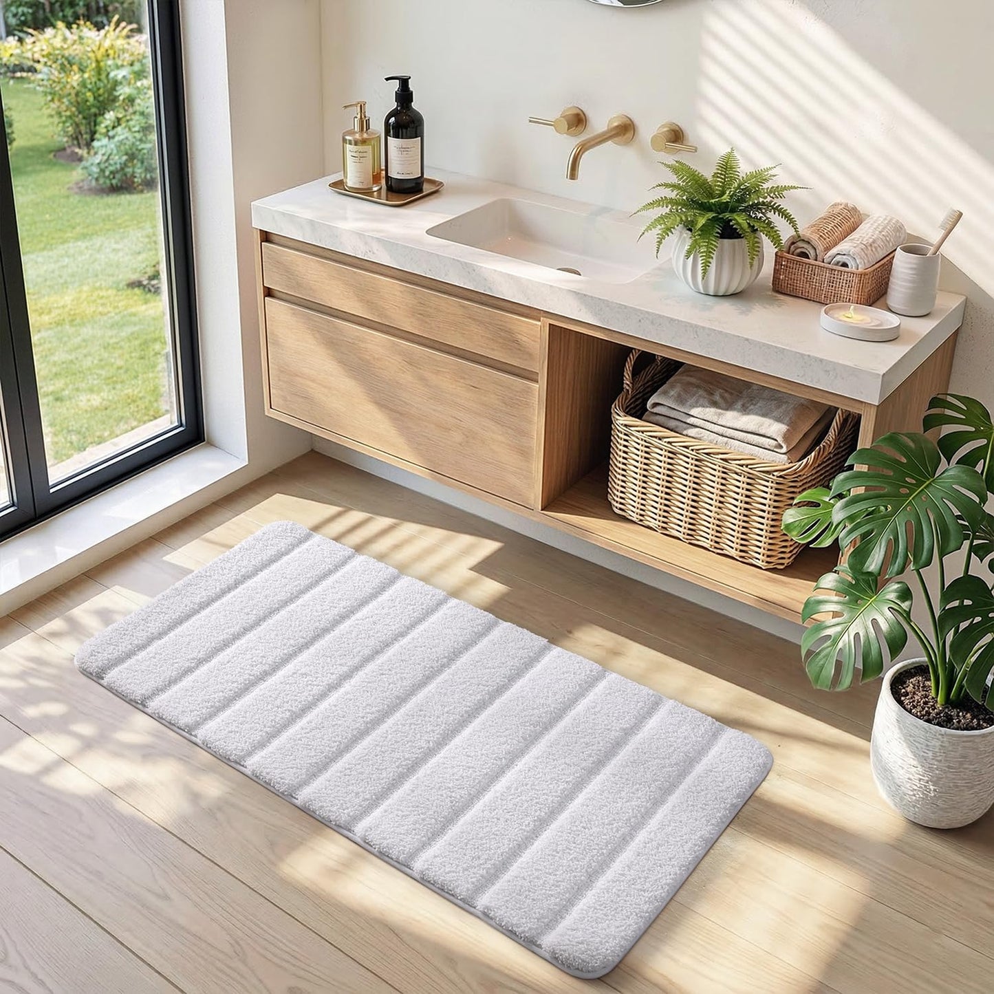 DEXI Bathroom Rugs 24x36, Machine Washable Non Slip Bath Mat, Soft Microfiber Absorbent Quick Dry Bath Rugs for Shower Floor, Sink, Tub, White