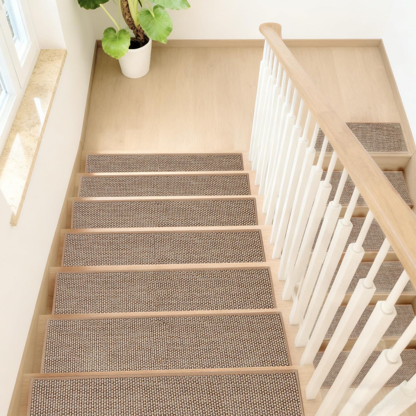 Stair Treads Non Slip, 15 Pack 8" X 30" Beige Stair Runners for Wooden Steps Non Slip with Reusable TPE Adhesive Backing, Carpet Stair Treads for Kids Elders and Pets, Machine Washable, Anti-Fall