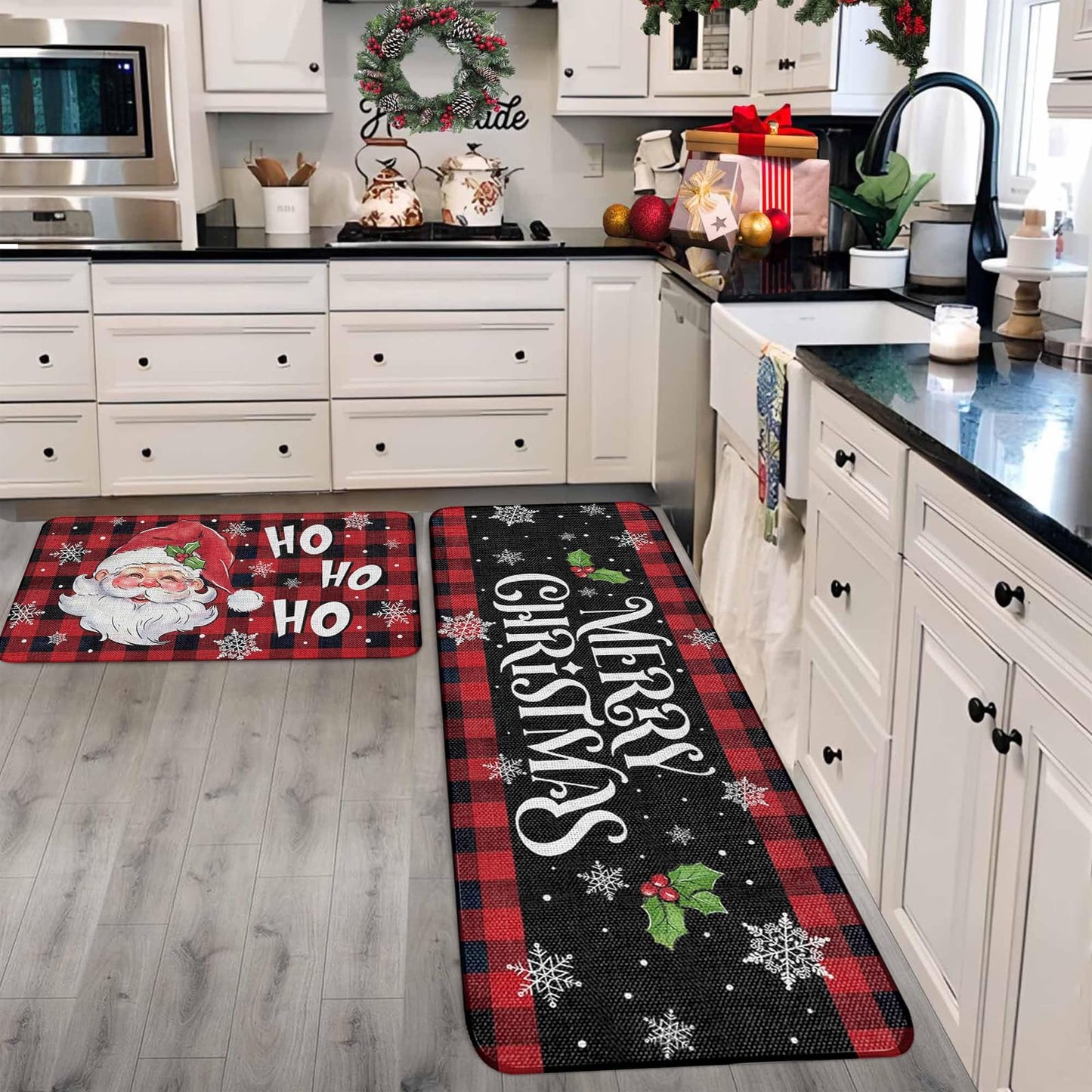 RUIZHUO Christmas Kitchen Rugs Set of 2 Plush Velvet Mats Xmas Floor Decor for Holiday Home Non Slip Kitchen Bathroom Rugs 16x24+16x48 Inch (Santa Claus)