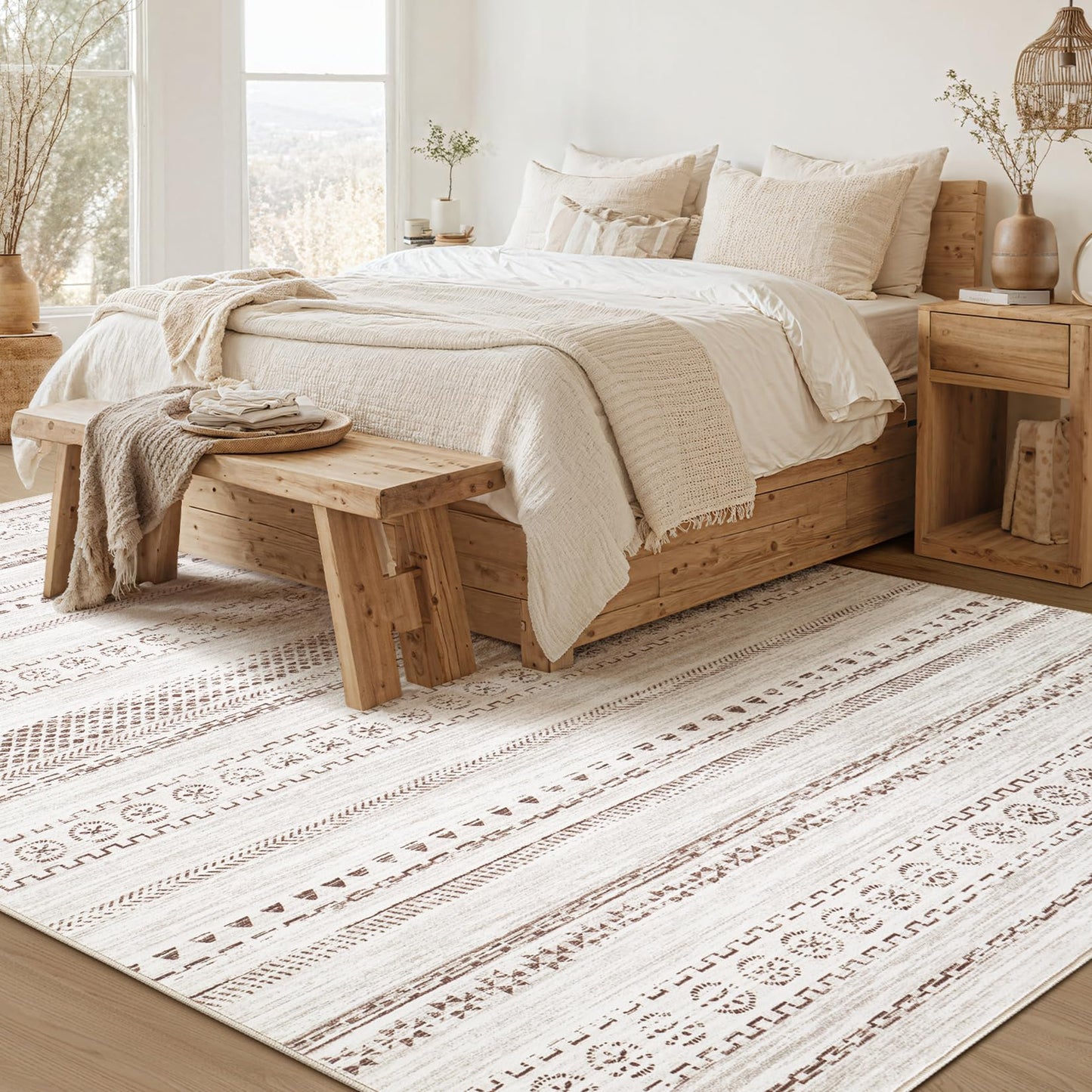 kakania 5x7 Washable Area Rug: Non Slip Soft Thin Carpet, Boho Geometric Modern Decor, Easy Clean Indoor Floor Rugs for Living Room Bedroom Kids Dorm Office Dining - Brown