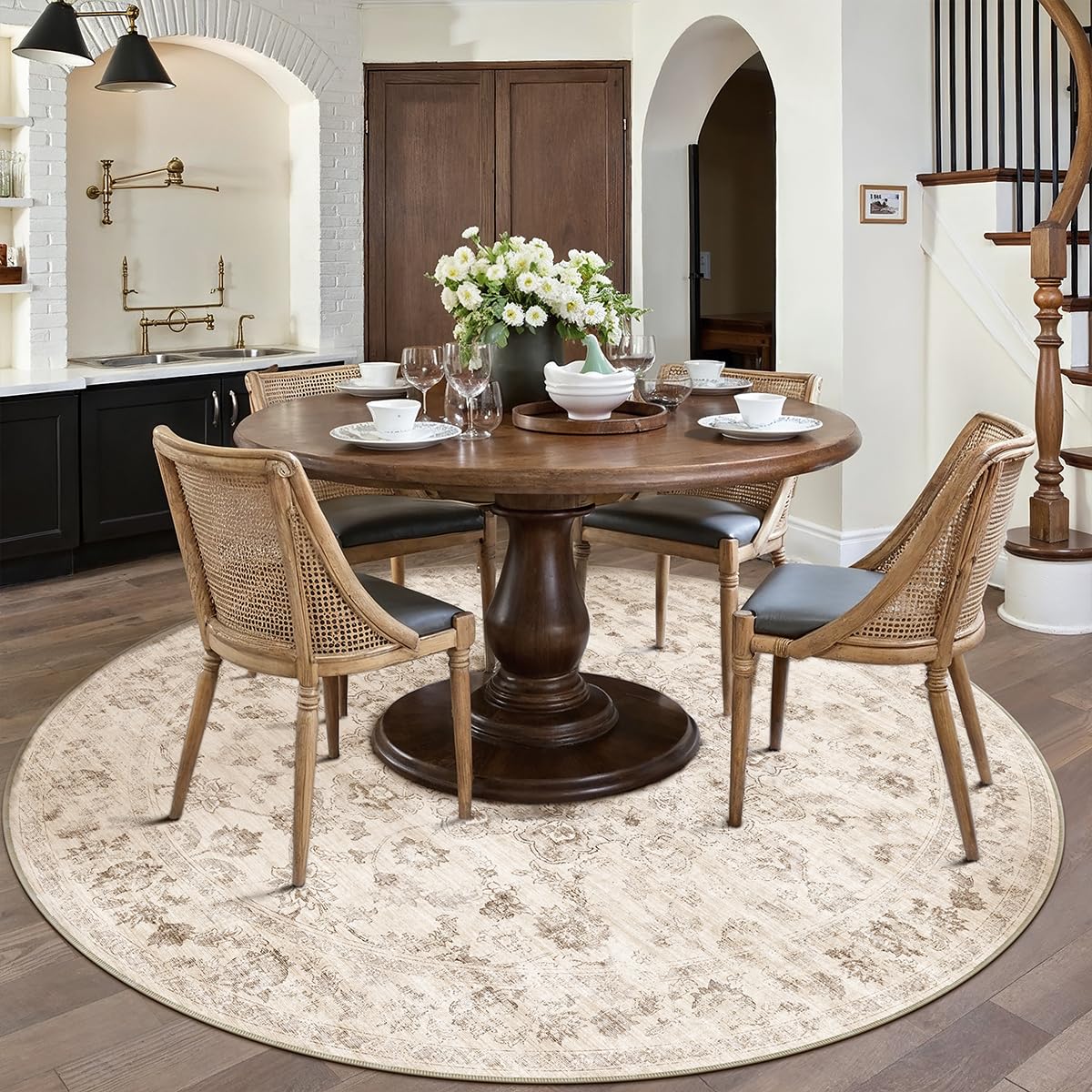 WondRg 8x8 Washable Neutral Round Rug Beige Vintage Living Room Bedroom Circle Rug Non-Slip Soft Low Pile Farmhouse Indoor Carpet for Kitchen Dining Room Office