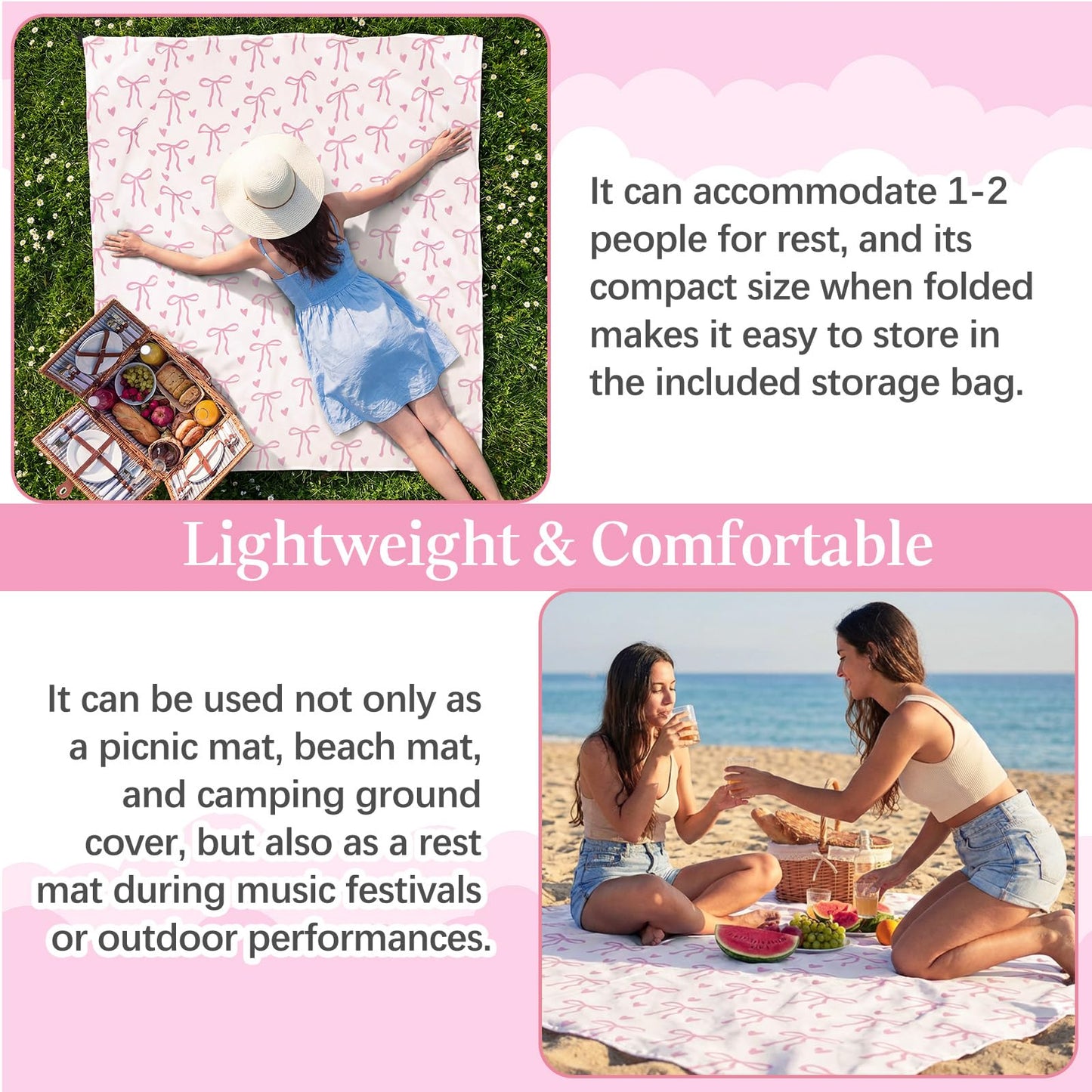 HunnmingRe Lightweight Pink Bow Pocket Picnic Blanket with Storage Bag 55 x 60inch Waterproof Cute Packable Sandproof Beach Mat Compact Washable Picnic Mat for Outdoor Hiking Camping Travel