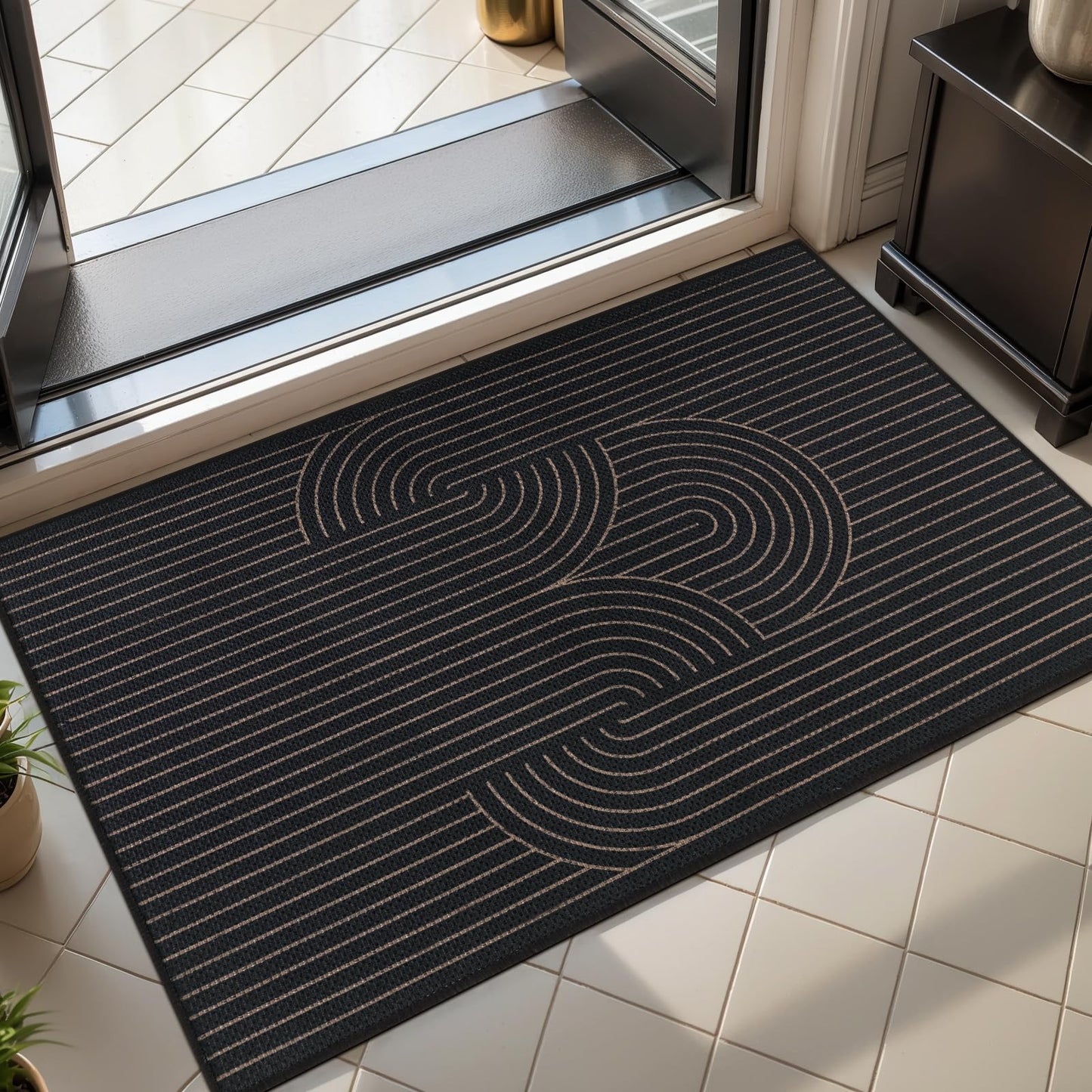 Tangsoo Black Geometric Easy Jute Rug, 2x3 Washable Ultra Thin Foldable Rug for Entryway, Non-Slip Rainbow Outdoor Mat Throw Carpet for Kitchen Bedroom Front Porch Doorway Entrance