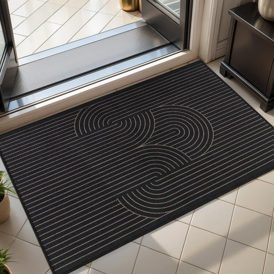 Tangsoo Black Geometric Easy Jute Rug, 2x3 Washable Ultra Thin Foldable Rug for Entryway, Non-Slip Rainbow Outdoor Mat Throw Carpet for Kitchen Bedroom Front Porch Doorway Entrance