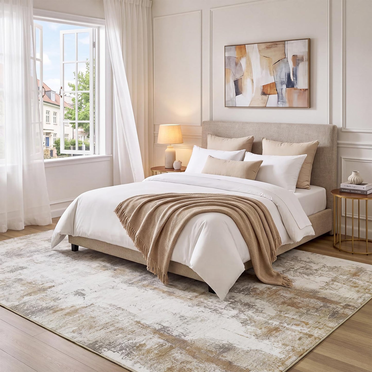 famibay 5x8 Area Rug, Abstract Washable Rugs for Living Room Low Pile Neutral Area Rug for Bedroom Aesthetic Non Slip Rubber Backed Carpet Rugs for Living Room Bedroom Dining Room(Beige/Camel)