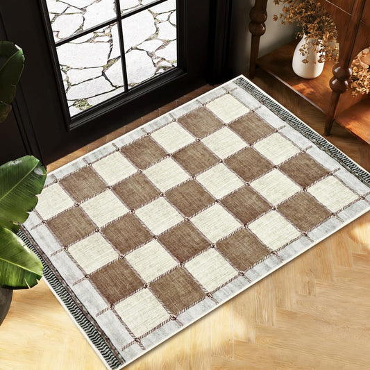 Yinhua Checkered Entryway Rug Washable Vintage Rugs for Entryway Non Slip Soft Faux Wool Area Rug 2x3, Farmhouse Door Mat Indoor Low Pile Throw Rugs Carpet for Beside Entrance Dorm Kitchen, Brown
