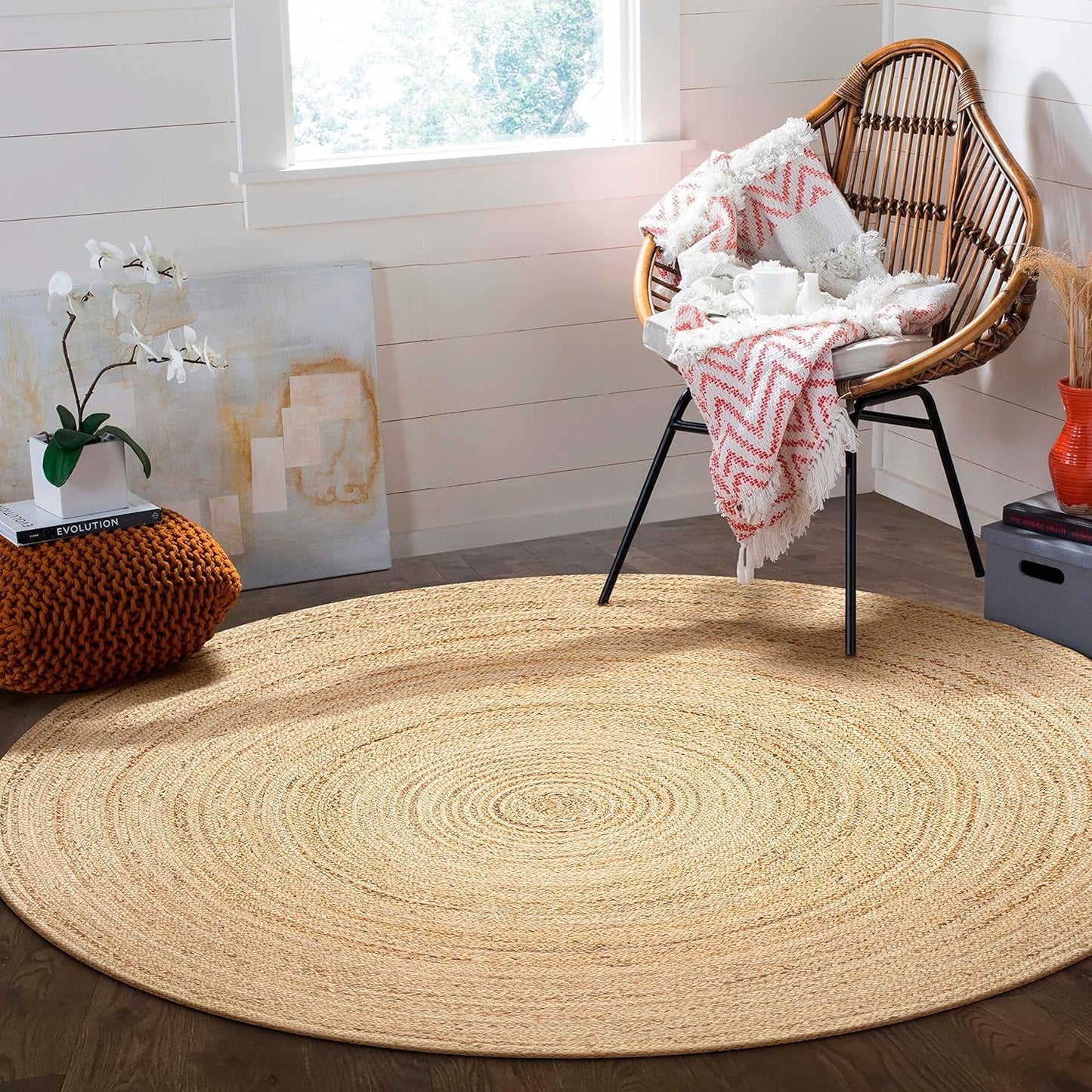 KEMA Natural 3ft Jute Braided Round Area Rug,Handmade Reversible Boho Farmhouse Rug, Rustic Vintage Handwoven Carpet for Living Room, Bedroom, Entryway