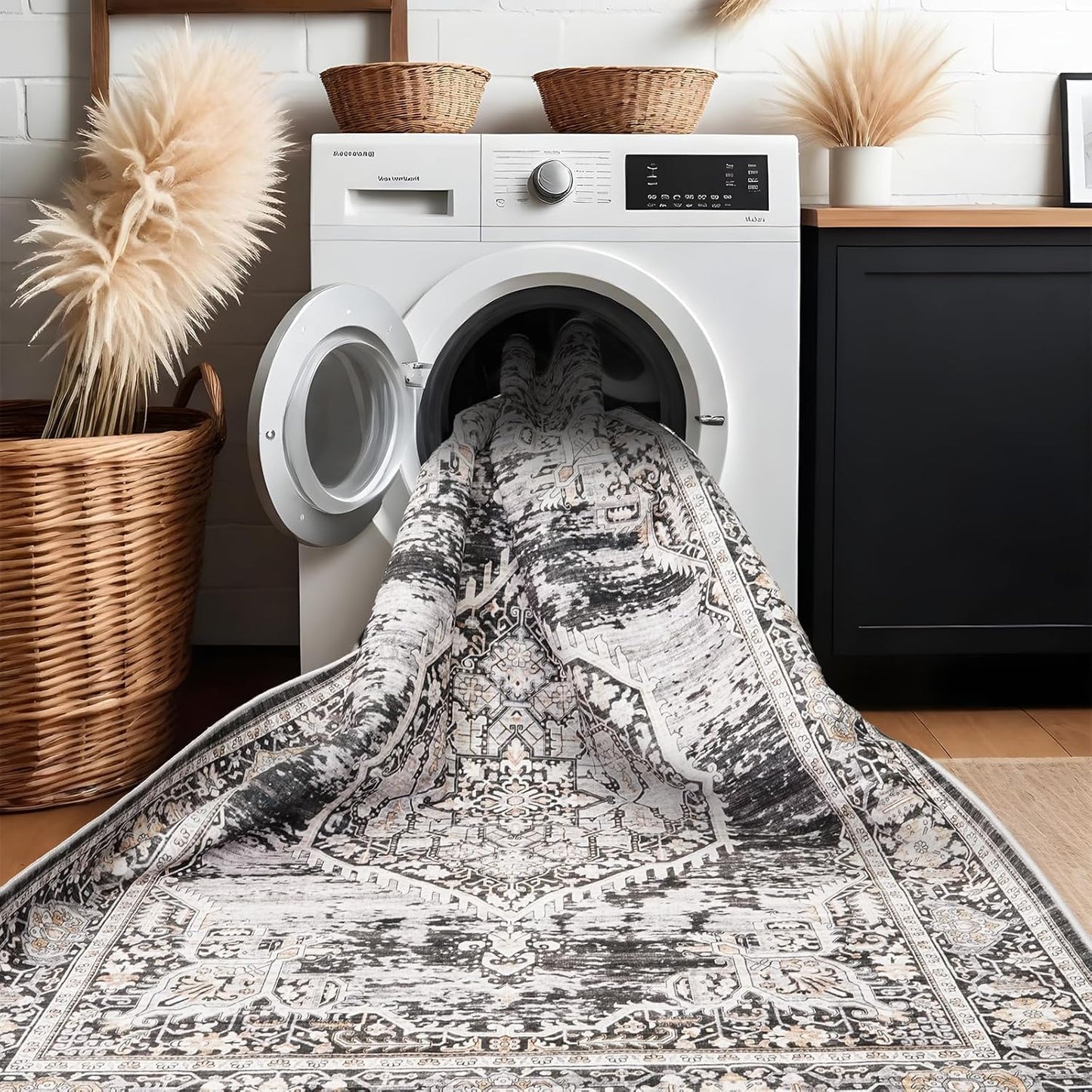Washable Area Rugs 5x6 Entryway: Soft Ultra Thin Low Pile Mat Machine Washable Indoor Doormat Lightweight Entry Rug Anti Slip Backing Rugs for Living Room Bedroom Kitchen 5'x6' Black